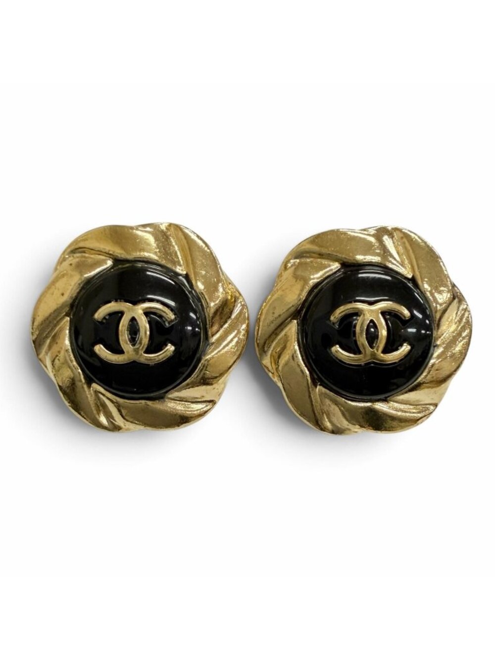 Chanel CC Logo Button Motif Earrings Clip Gold Black